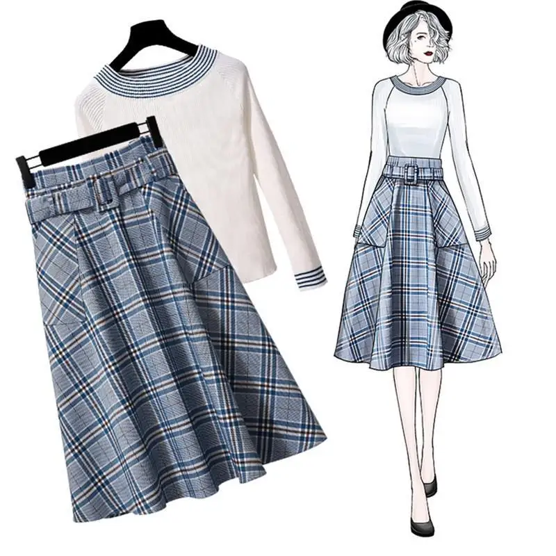 Plaid A-Line Skirt And Striped O-Neck Knitted Tops 2 Piece Set Women Korean Sashes Slim Fashion Long Sleeve Spring Autumn Suit