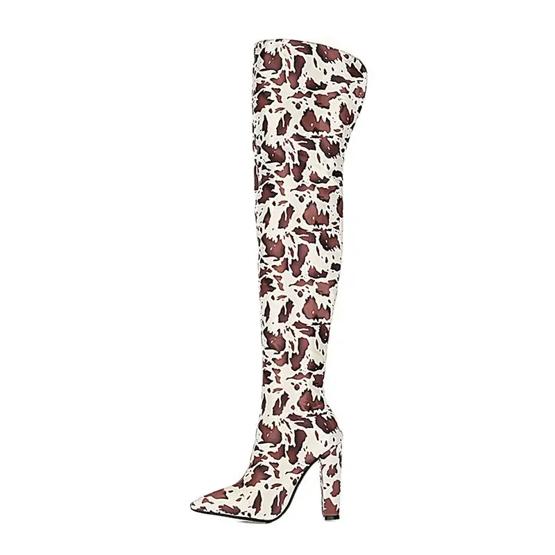 

2021 New Winter Fashion Pointed Toe Chunky heels Zipper Women's shoes Sexy Stripe Catwalk boots Black Over the knee boots 42 43
