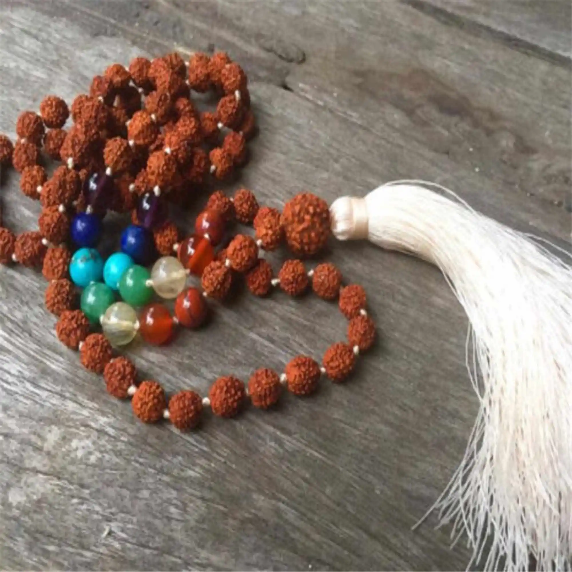 8mm Natural Rudraksha Chakras Tassels 108 Beads Necklace Spiritual GemstoneMeditation Bohemian Tranquility Yoga Mala Lariat