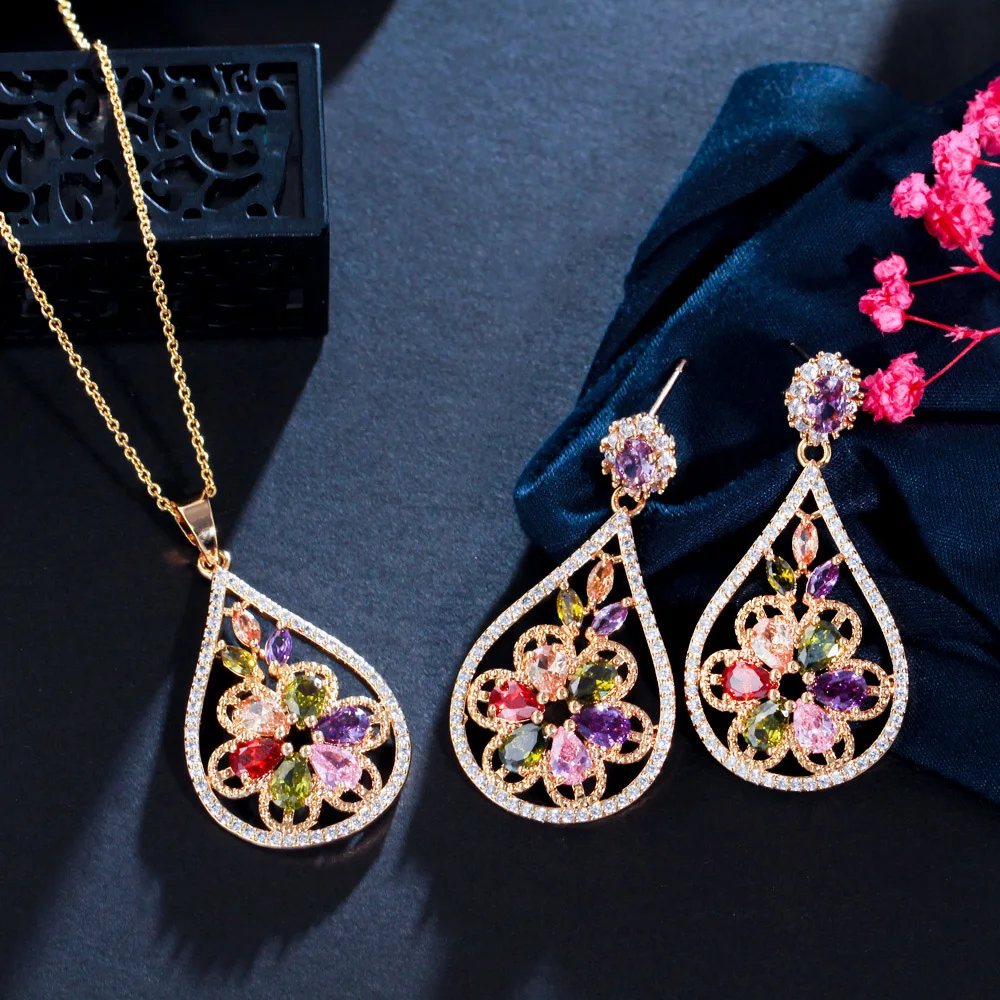 CWWZircons Dangle Drop Indian Yellow Gold Vintage Flower Jewelry Sets Multi Color Cubic Zirconia Earrings and Necklace Set T228