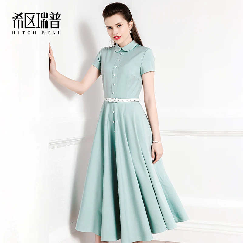 High End Temperament Dress Women'S New Summer Doll Collar Short Sleeve Fashion Elegant Umbrella Skirt