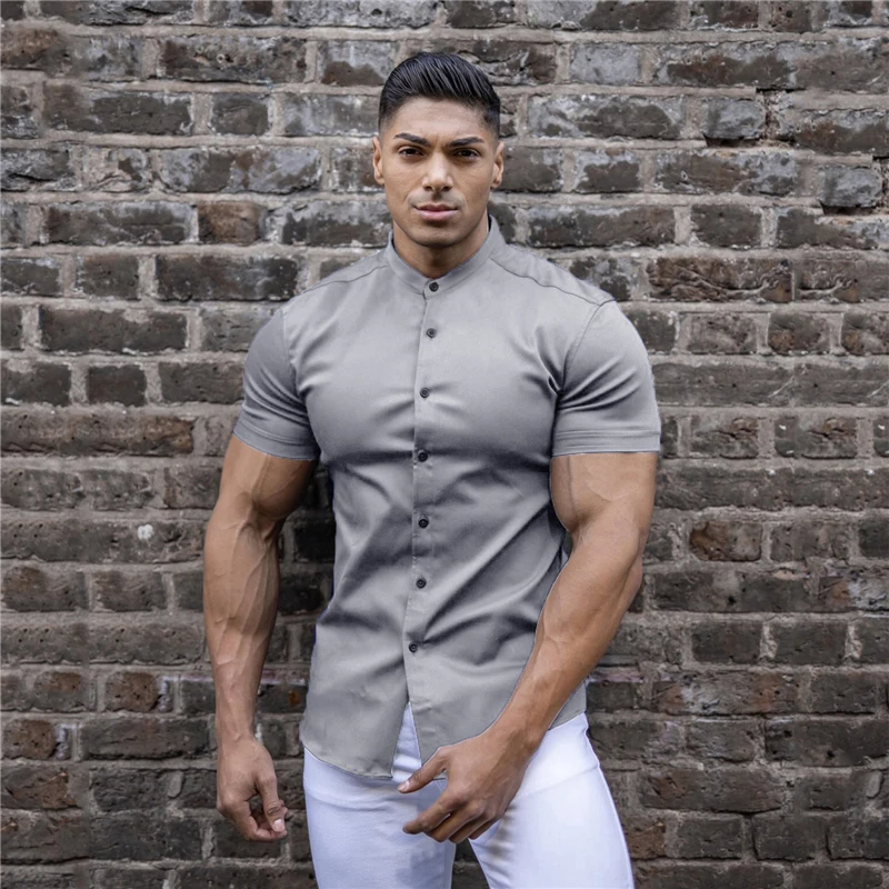 

Fashion Short Sleeve Shirt Men Solid Super Slim Fit Male Casual Social Business Dress Shirt Summer Mens Sports Fitness Clothing