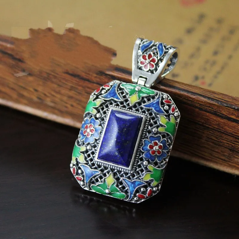 

Thailand enamel filigree process of 925 Sterling Silver with natural Lapis Thai silver pendant