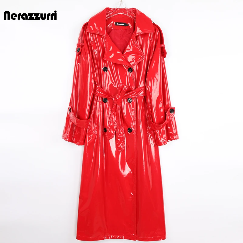 Nerazzurri Autumn Long Red Waterproof Shiny Reflective Patent Leather Trench Coat for Women Double Breasted Plus Size Fashion