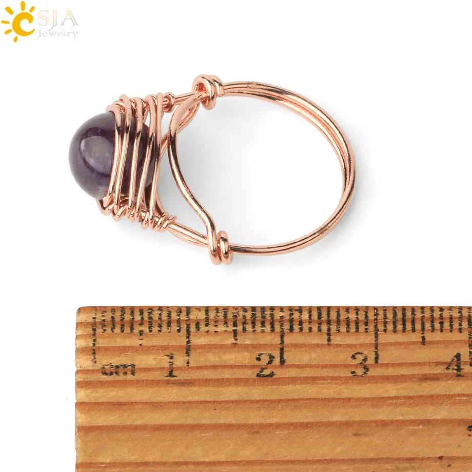 Round Natural Stone Ring Rose Gold Color Wire Wrap Handmade Opal Clear Quartz Obsidian Rock Crystal Finger Ring Healing G345