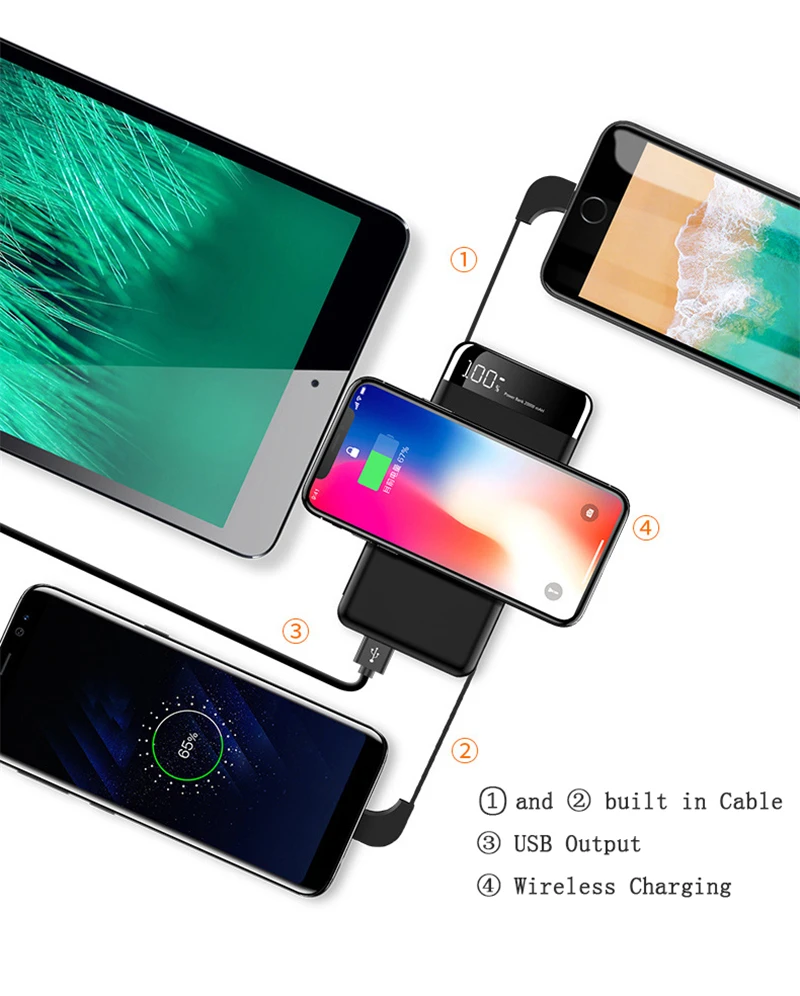 Qi Wireless Charger Slim Power Bank for iPhone Samsung Powerbank Portable Charger External Battery Pack Built in Cable 10000mAh