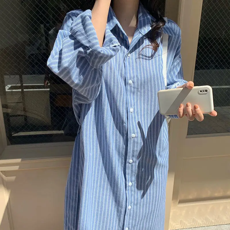 2021 New Long Striped Shirt Dress with Sashes Women Spring Lapel Collar Single Breasted Loose Midi Dresses