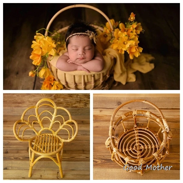 Newborn Photography Props for Baby Retro Handmade Rattan Basket Bucket Chair Fotografia Accessories Studio Photo Props