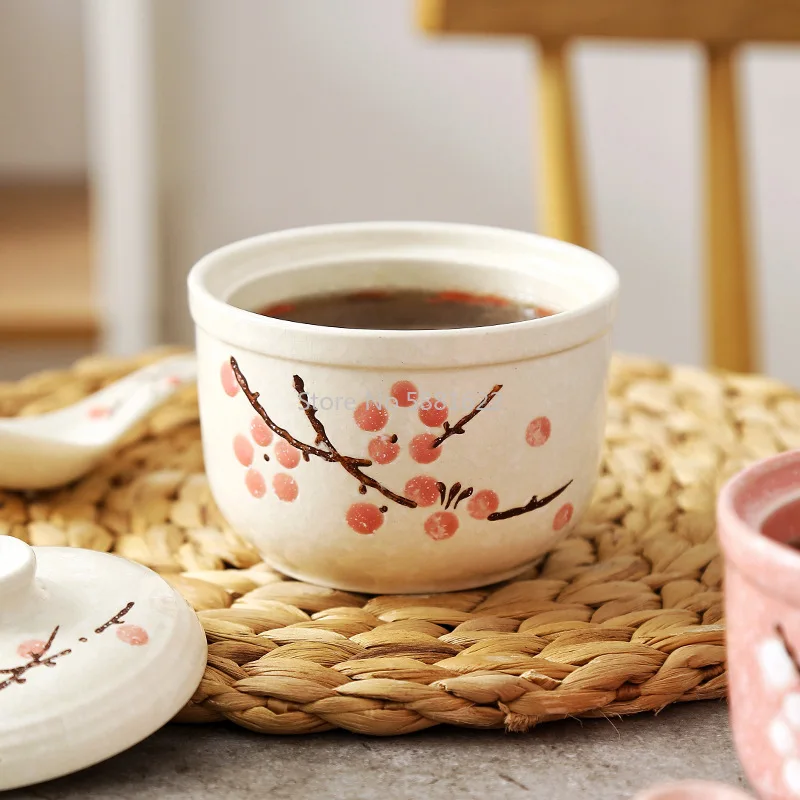 Japanese-style Hand-painted Underglaze Ceramic Tableware 300ml Single Edible Small Bird\'s Nest Stew and Water-proof Stew Pot