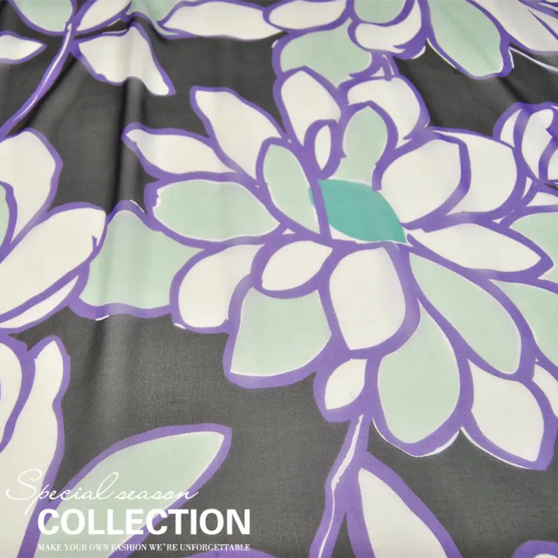 Silk Georgette Chiffon Fabric Dress Black Large Flower 100%   Spring Summer Thin  Skirt Scarf  DIY Patchwork Tissue