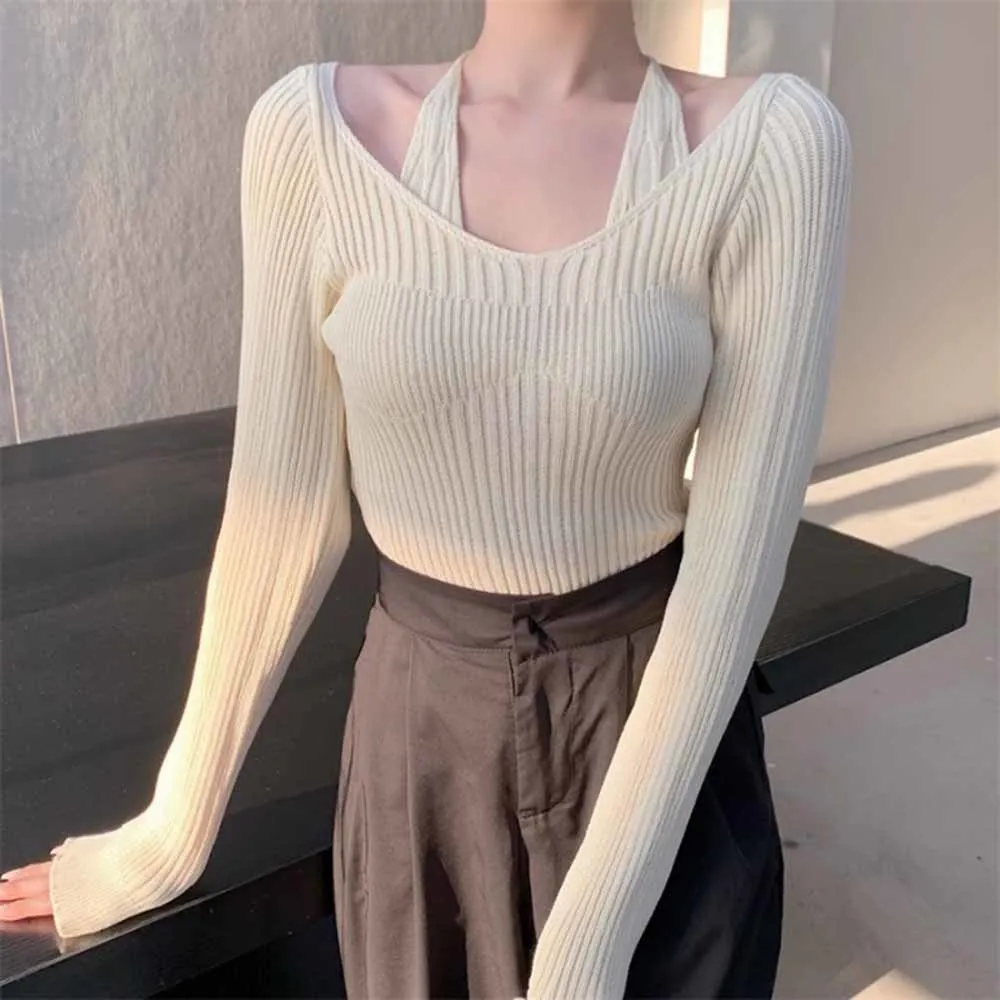 

Fake Two-Piece Halter White Sweater Women's Autumn 2022 New Long Sleeve Slim Tight Bottoming Sweater Top