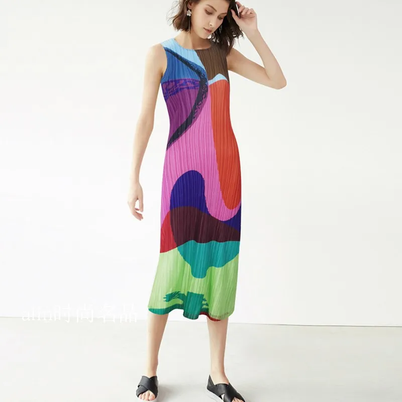 

miyake pleated skinny woman dress summer 2021 New Temperament Fashion Print elegant folded package hip female long skirt
