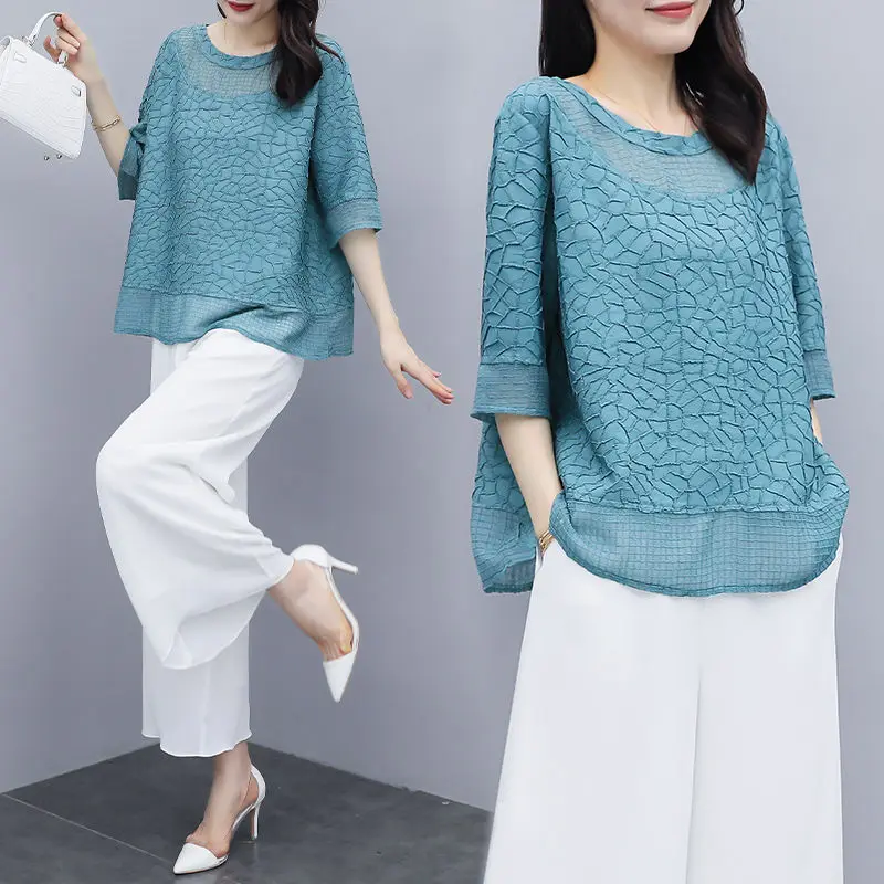 Spring Summer Cyan Brindle Elegant Blouses Shirts Loose Chiffon Blusas Tops O-Neck Solid Color Extra Large 5XLDM0063