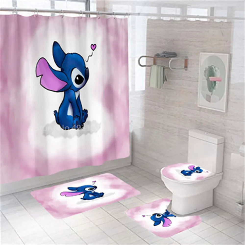 Disney 3D Lilo Stitch Bathroom Shower Curtain Waterproof Curtains in the Bathroom with Hook Set Soft Bath Mat Toilet Carpet Rugs