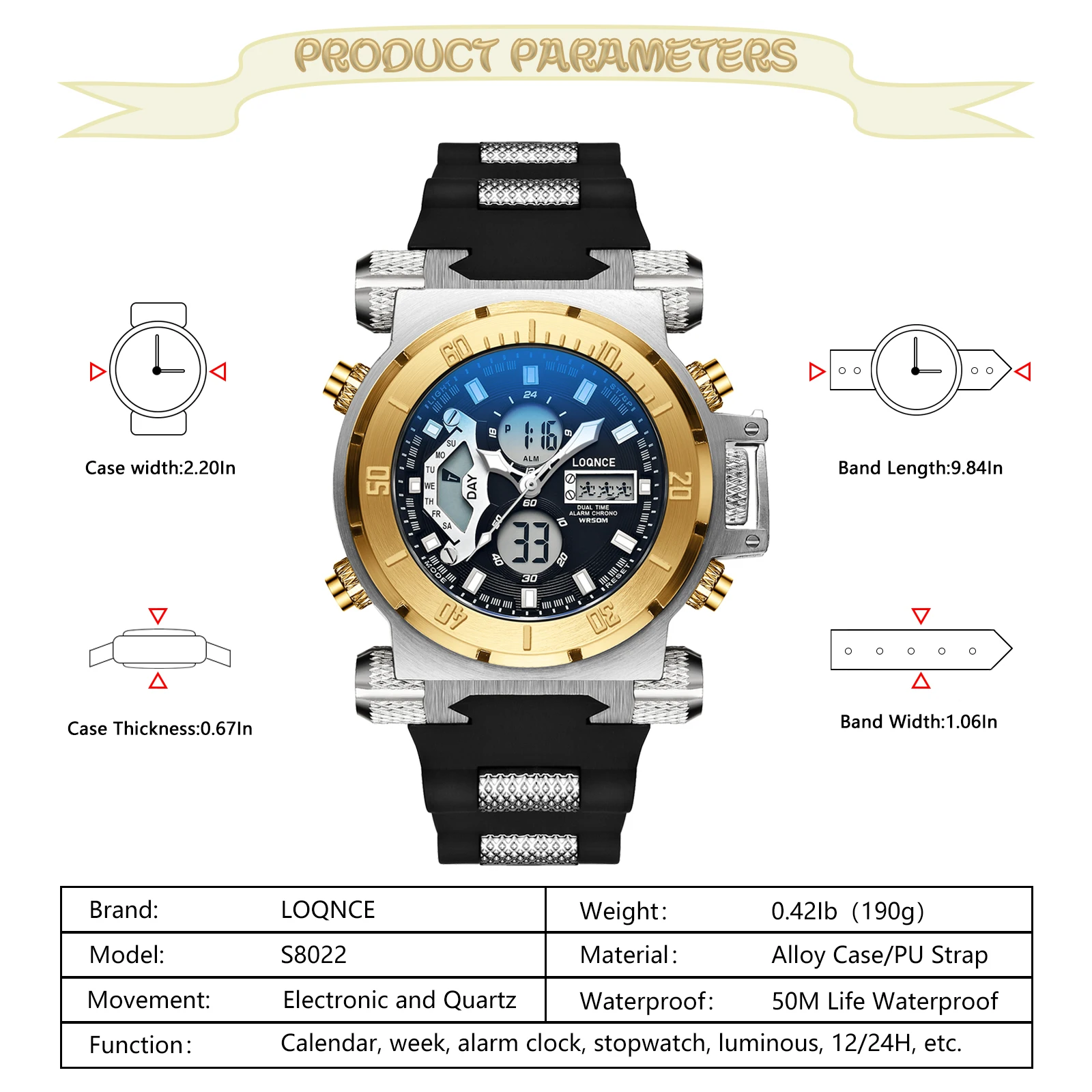 LOQNCE S8022 New Men\'s Watch Quartz Electronic Dual Movement Alarm Clock Calendar Week Multifunctional Waterproof Men\'s Watch