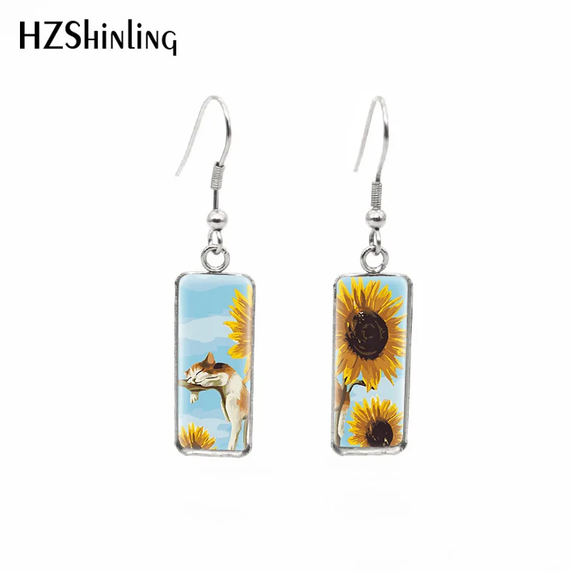 2020 New Sunflower Cat Earring Sunflowers with Cats Rectangular Earring Handmade Hook Earrings Glass Photo Jewelry