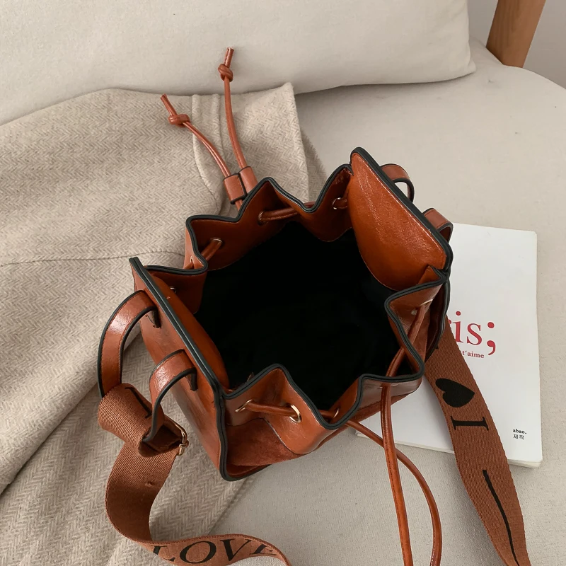 vintage casual buckets bag for women designer letter shoulder bags luxury pu leather drawstring crossbody bag lady small purses