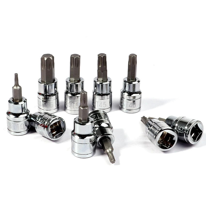 Set di 10 punte per manicotto di trasmissione da 3/8 pollici Set di manicotti per utensili a manicotto in lotti di pressione in acciaio al cromo vanadio T10-T55 chiave a bussola per trapano