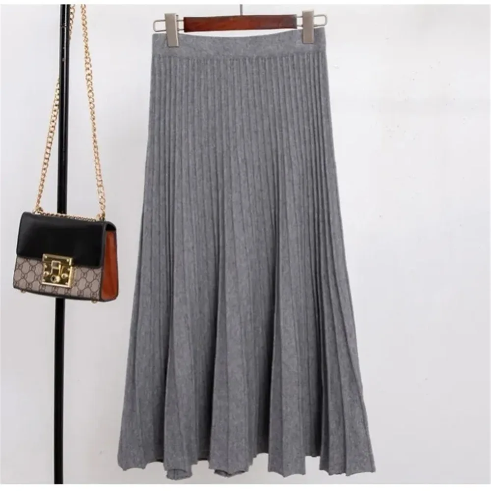 Winter Thickened Rib Knitted Large Swing Maxi Long Skirts 2021 Elegant Solid A-Line Pleated Ankle Length Knit Skirts Black Beige