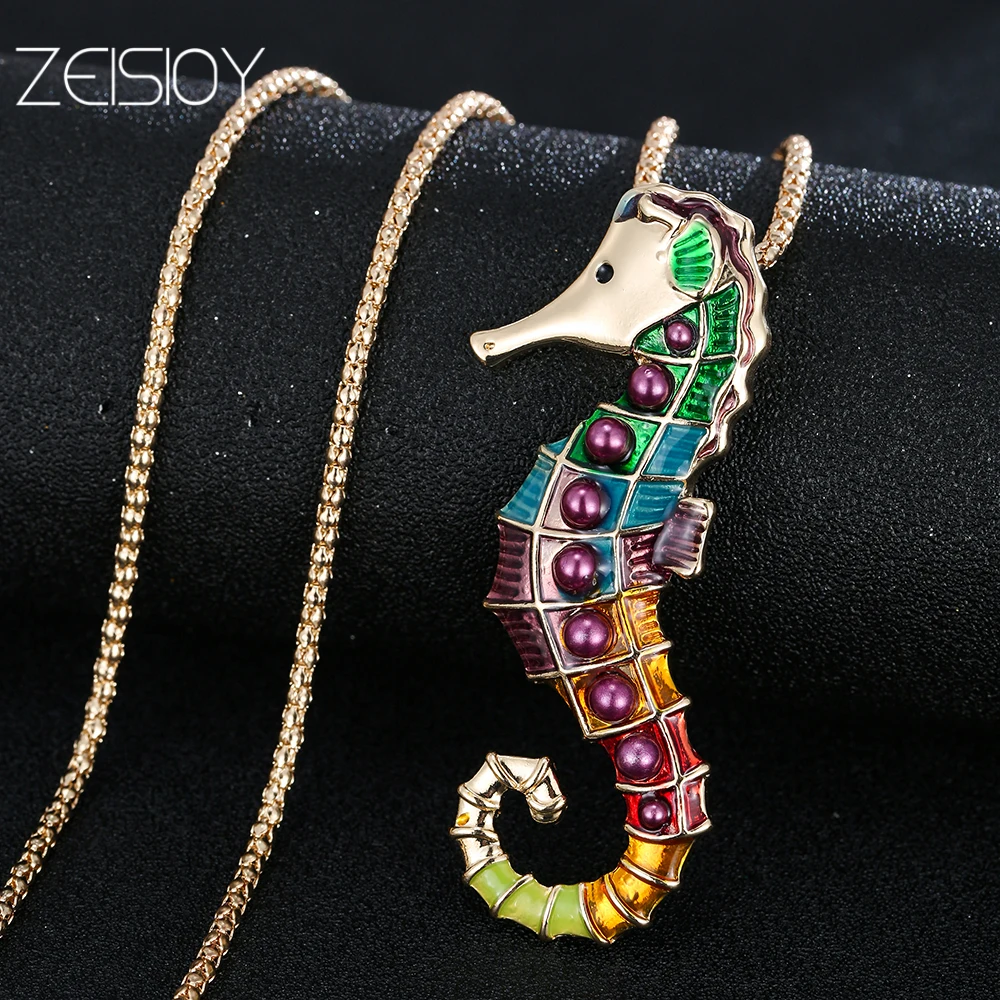 2-piece set of golden sea horse seahorse with dripping oil pendant necklace jewelry making