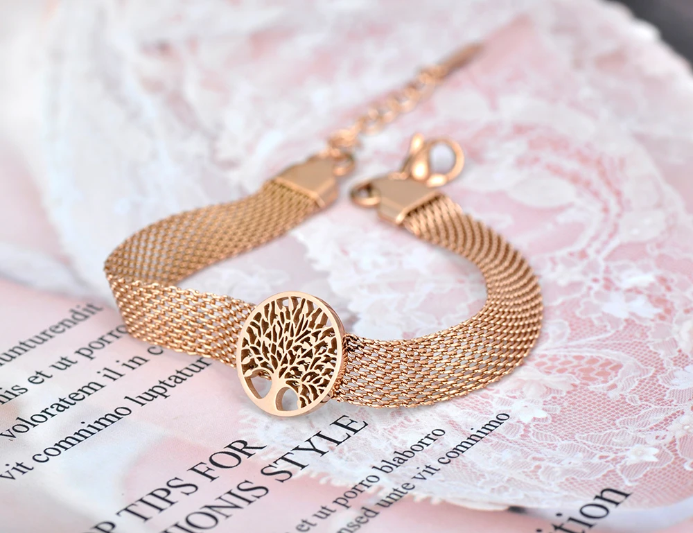 JeeMango Trendy Round Disc Tree Charm Armbänder Schmuck für Frauen Titan Edelstahl Netzwerkkettenarmband JB20028 – Detail 2