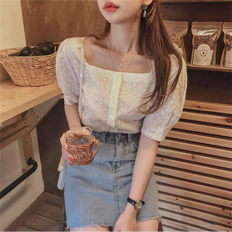 New square Embroidery lace shirt Summer Tops femme Casual Women short sleeve Linen Cotton Girls Blouse New Women Blouses