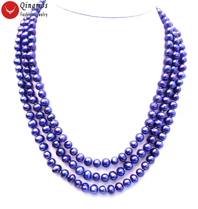 

Qingmos Fashion Natural Blue Pearl Necklace for Women with 6-7mm Round Freshwater Pearl 3 Strands Necklace Jewelry 17" Chokers