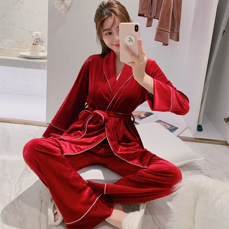 Velvet Pajamas Set Women Sexy Pyjama Long Sleeve Shirt Pants  Homewear Gold Velour Belt Sleepwear 2Piece/Set