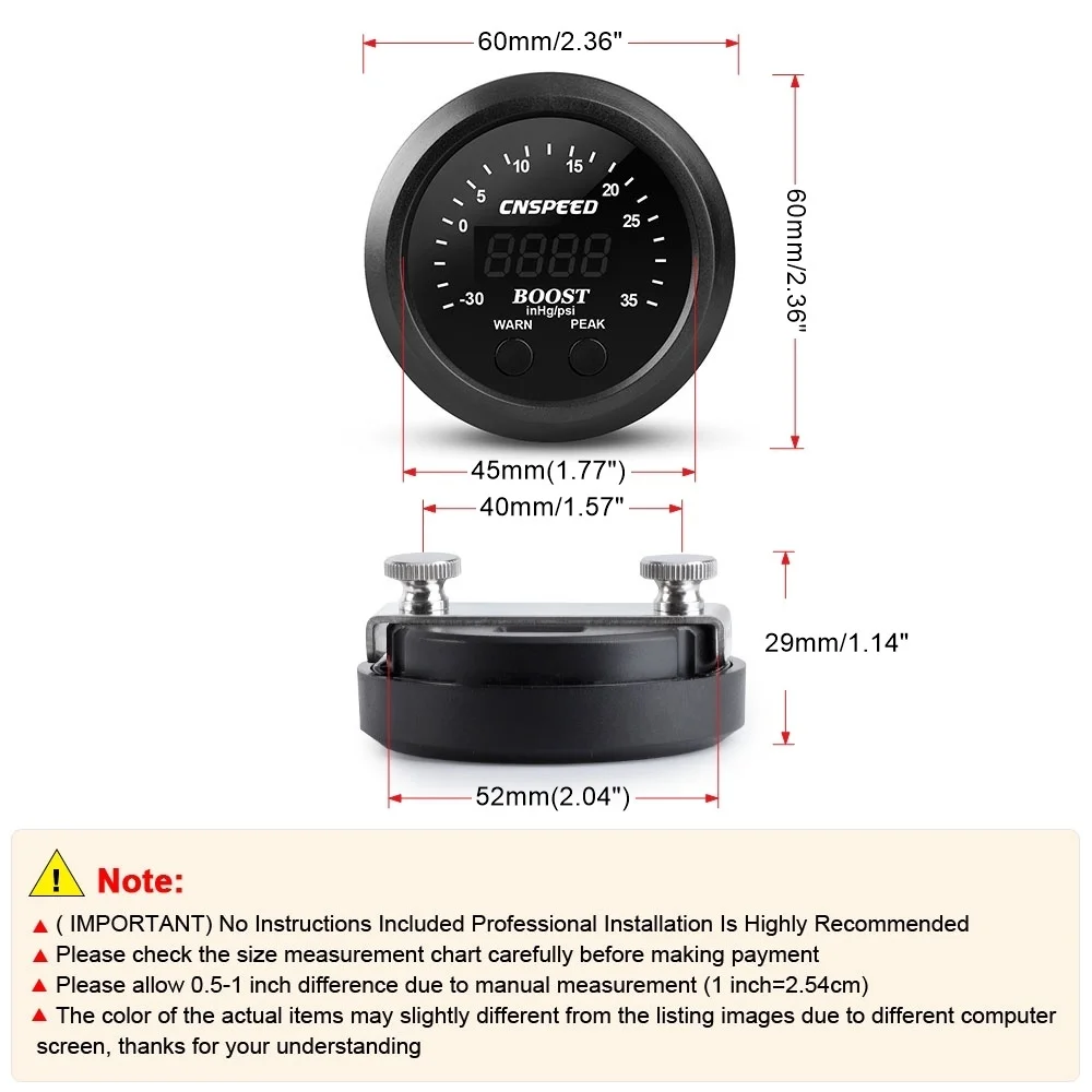 52mm Digital -30in/Hg-35psi Electronic Turbo Boost Gauge Ultra-Thin High Performance Turbo Boost Meter Vacuum Gauge Led Display