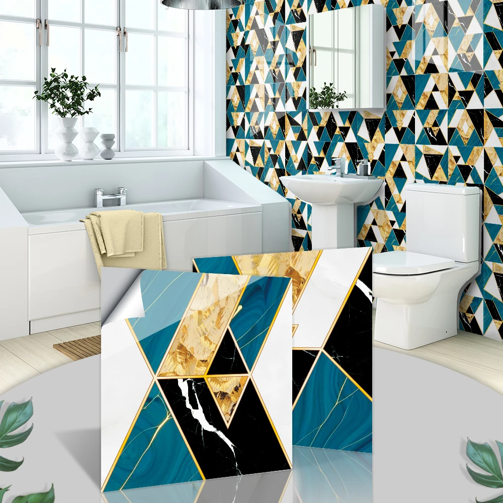 Home Decoration Golden Blue Stitching Bathroom Decor Removable Vinyl Crystal Tile Self Adhesive 3d Wall Sticker