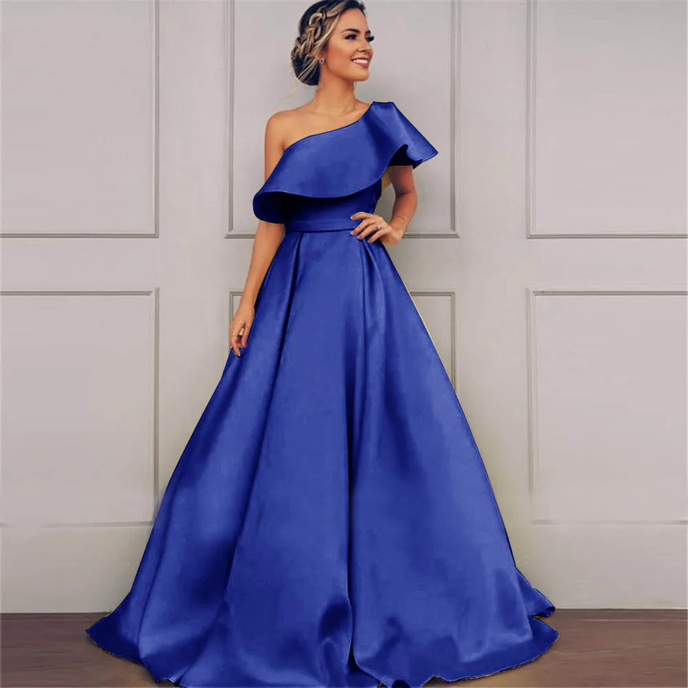 

New Elegant Evening Dress One Shoulder Ruched Satin Evening Gown Belt Prom Dress Shoulder Zipper Formal Gown Party Long