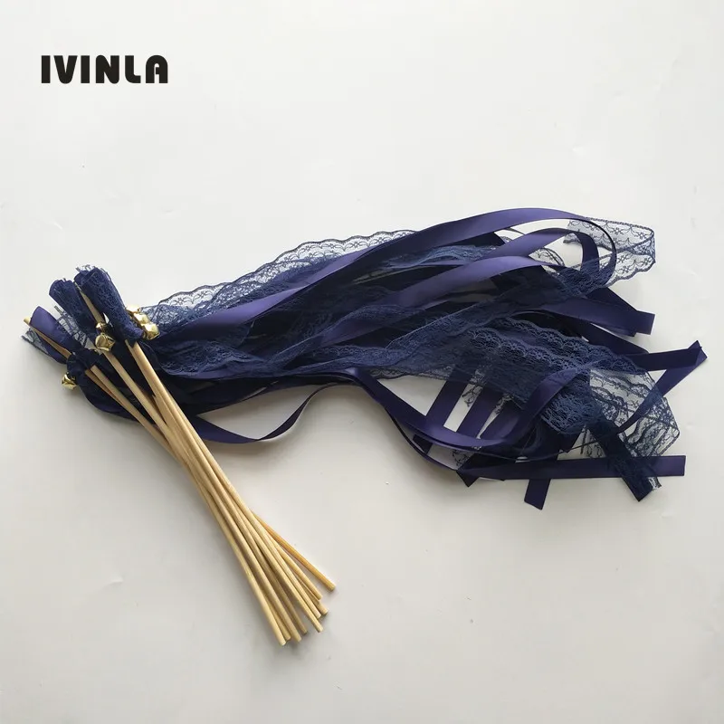

50pcs/lot dark blue Lace ribbon wands with sliver bell for wedding decoration