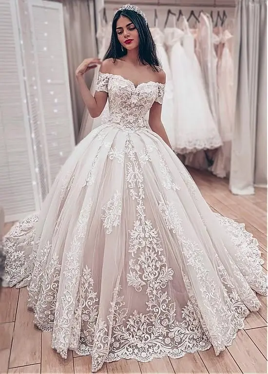 Luxury Lace Appliques Wedding Dresses Sweetheart Off The Shoulder Ball Bridal Gowns