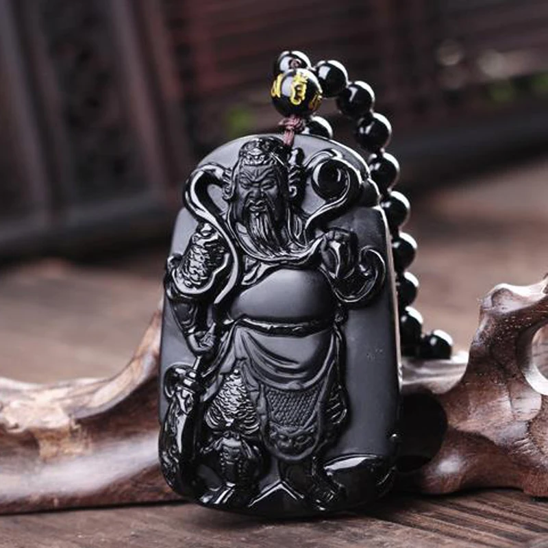 

Natural Obsidian Guan Yu Pendant Necklace Black Guan Gong Door God God of Wealth Pendant With Lucky Chain For Men/Women Jewelry