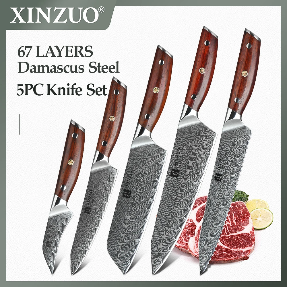 

XINZUO 5 Piece Set Kitchen Knife High Carbon VG10 Damascus Stainless Steel Japanese Style Chef Bread Paring Santoku Knife