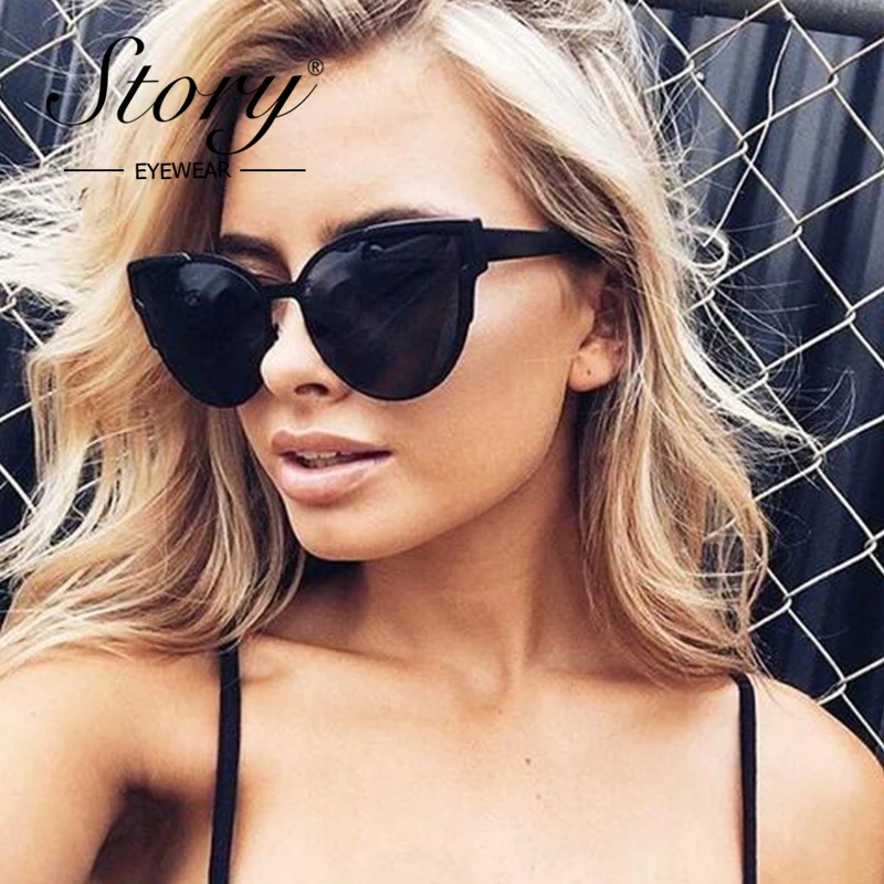 

STORY New Fashion Brand Designer Women Cat Eye Sunglasses Oversize Female Cateye Mirror Sun Glasses Reflective Black Frame Shade