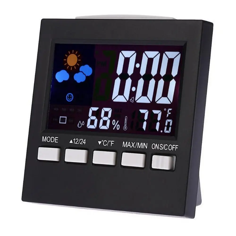 Intelligent Weather Clock LCD Thermometer Hygrometer Weather Forecast Clock Alarm Calendar Voice-activated Backlight Temp& Humid