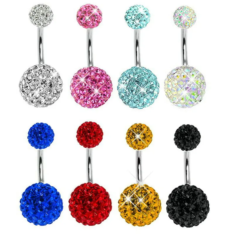 

12pcs/lot Double Gem Belly Bar Crystal Stainless Steel Navel Button Ring Body Piercing Jewelry