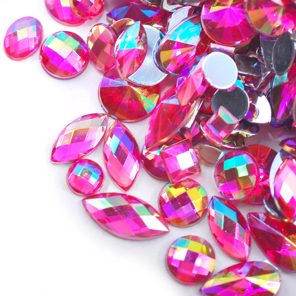 200Pcs AB Color Acrylic Mixed Shape Rhinestone Flat Base Gems Glue On Embellishment Accessories For DIY Craft Decoration