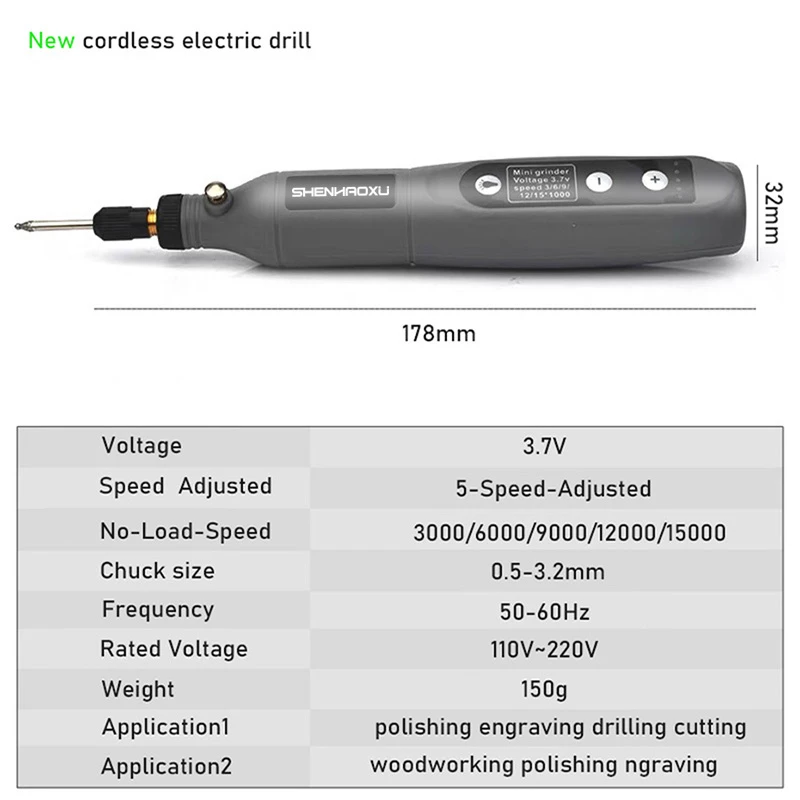 Ferramentas elétricas sem fio furadeira, moedor, moagem, conjunto de acessórios, ajustável, sem fio, caneta de gravação, luz LED, 5 velocidades, 3,6