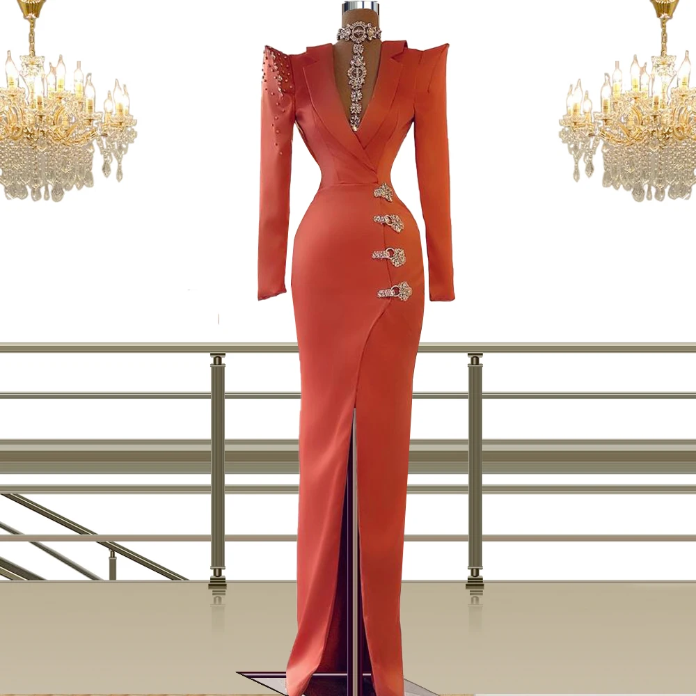 Robe longue à col de costume, robe de soirée, tapis rouge, fente avant, gaine, Orange, 2022