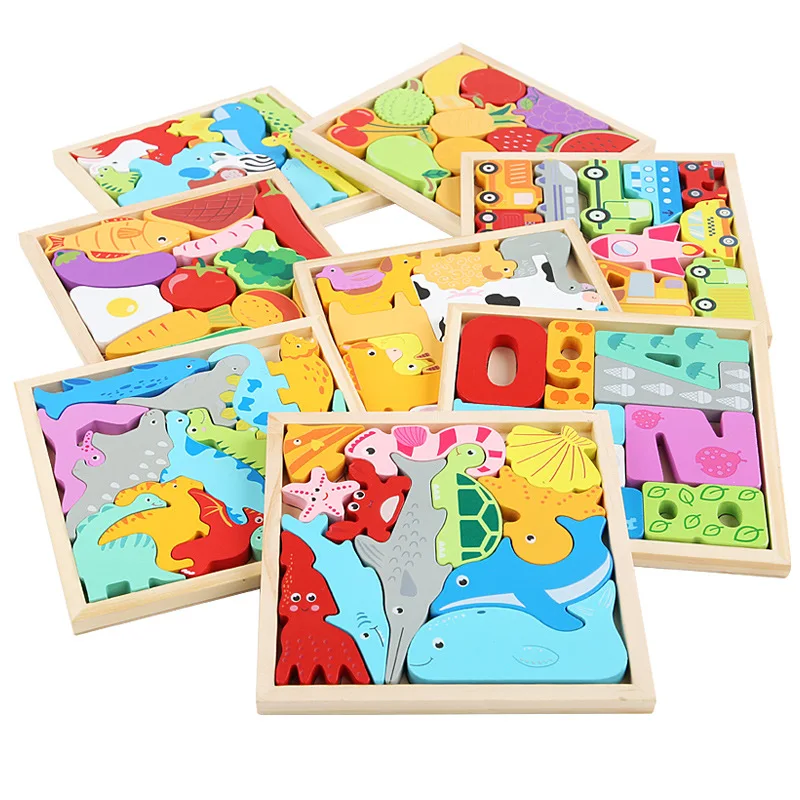 Hot New 3D Puzzle Wooden Toys Baby Learning Educational Hand Grasp Board Cartoon Animal Fruit and Vegetable Jigsaw Toy Gifts