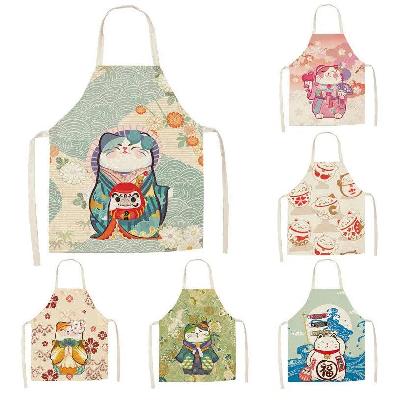 Cute Cat Cleaning Pinafore Home Cooking Apron Flax Adult Children Japanese Ukiyo-e Printed Apron For Women Bibs Kitchen Supplies