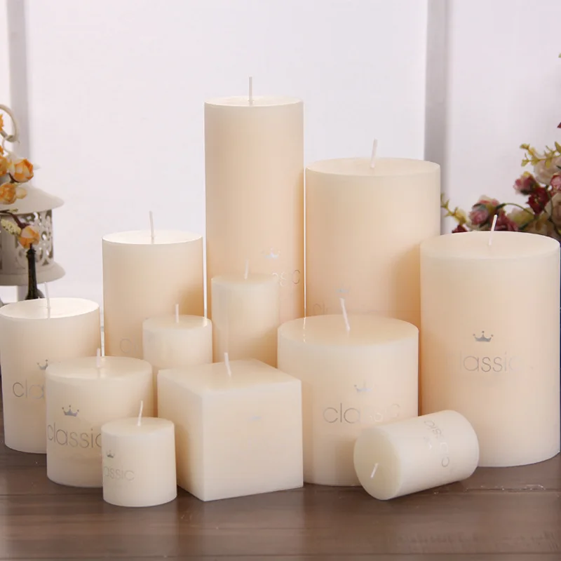 Vela sem fumaça cilindro branco, vela romântica, decoração para casa, tiro adereços fundo, presente de aniversário, feriado, 5cm, 2pcs