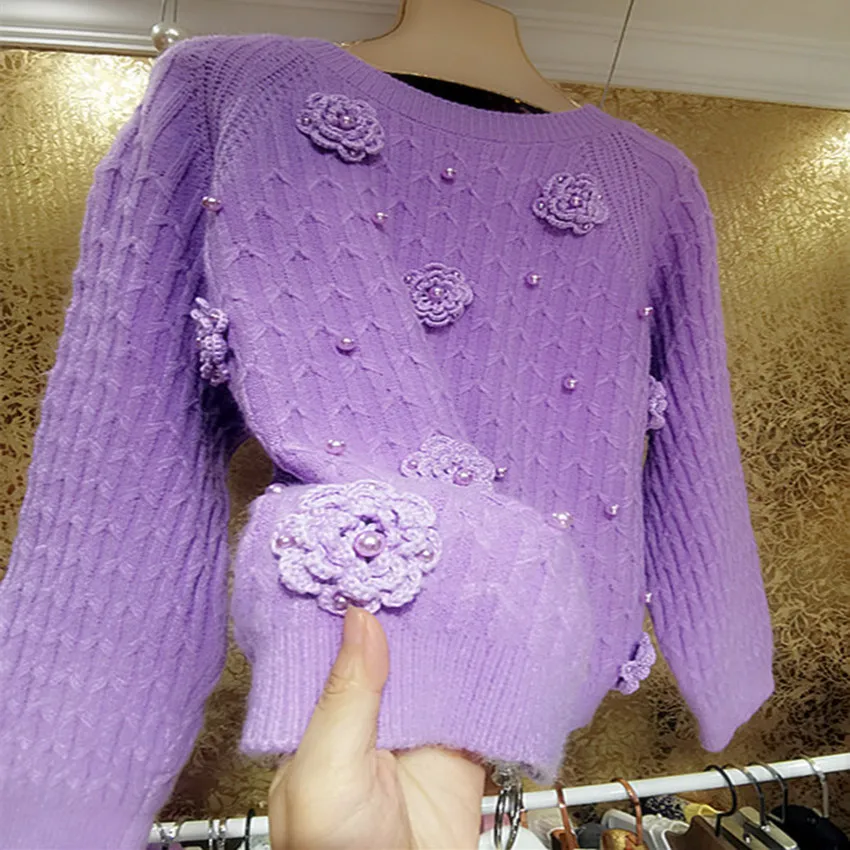 High-end heavy industry wool knitted purple flower twist loose sweater beaded thick warm top pullovers