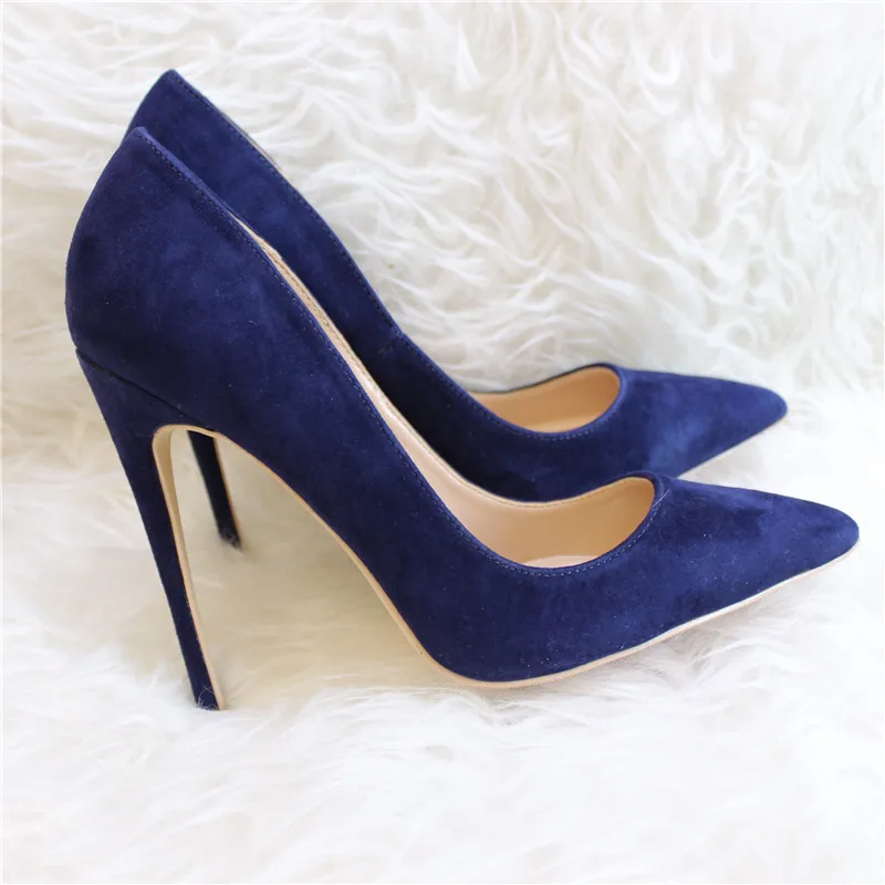 Dark blue Suede Thin heels Pumps Low cut Pointed Toe Slip-On Party High Heels Women Stiletto Dress Single Shoes