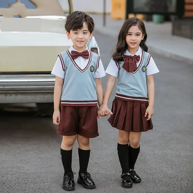 Uniforme escolar británico para niños, traje de camisa de manga corta, Falda plisada, conjunto de ropa de clase de guardería japonesa coreana