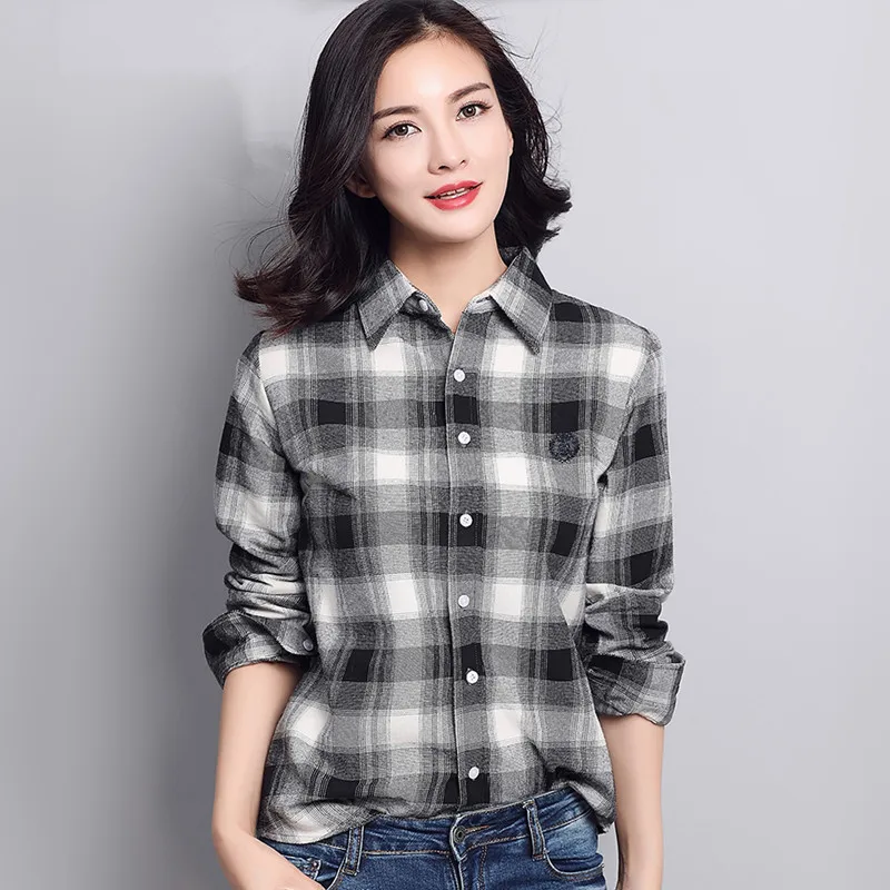 S-4XL Frauen Baumwolle Shirt Frühling Herbst Winter 2023 Neu Zwanglos Lange Ärmel Gebürstet Plaid Streifen Hemden Mädchen Oberteile Bluse Weiblich