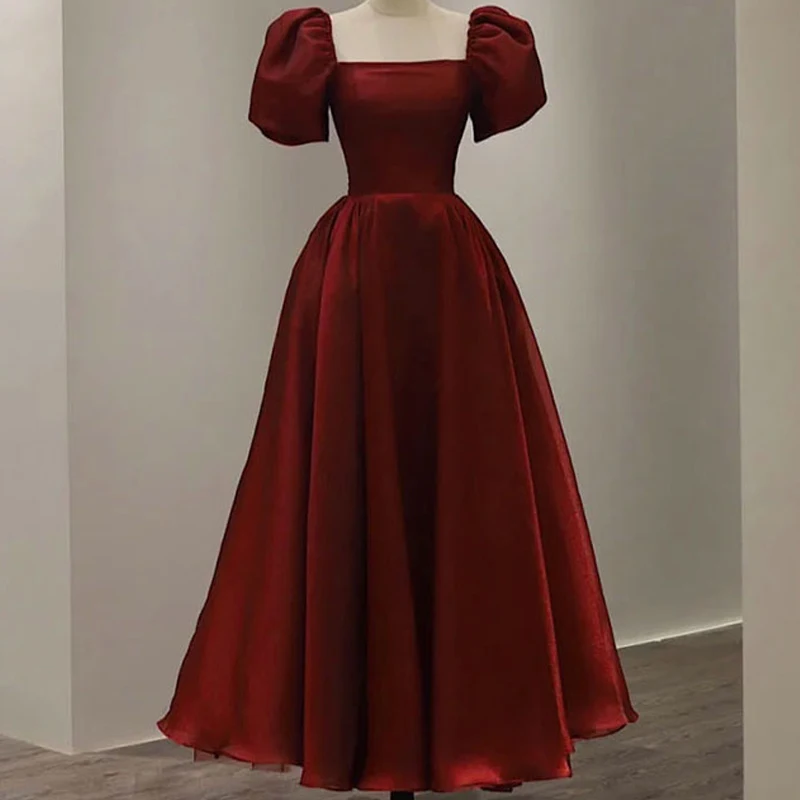 Burgundy Vintage ชุดราตรีแขนสั้นสแควร์คอ A-Line Empire ข้อเท้า-ความยาวใหม่ที่เรียบง่าย Party Dresses ผู้หญิง B833