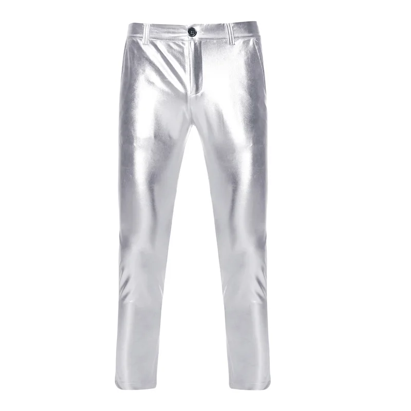 Pantalon de moto en cuir PU pour hommes, pantalon métallique revêtu d'or brillant, pantalon de scène pour chanteurs, maigre, anterie, boîte de nuit, fjNightclub, marque